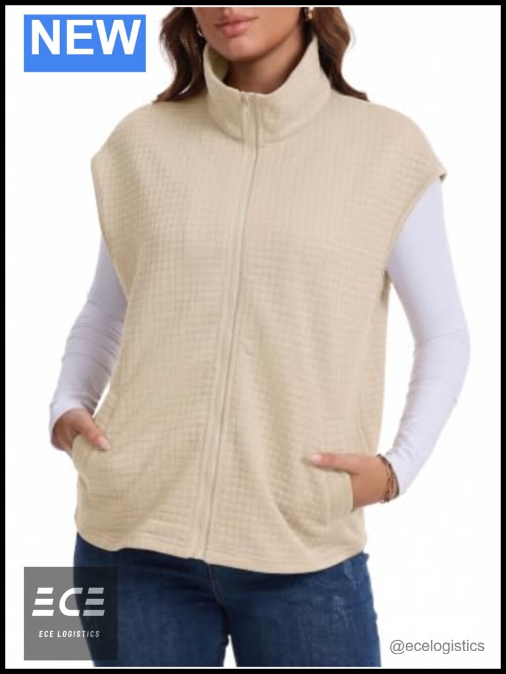 Waffle Knit Zip Up Vest Cap Sleeve Layering Top with Pockets